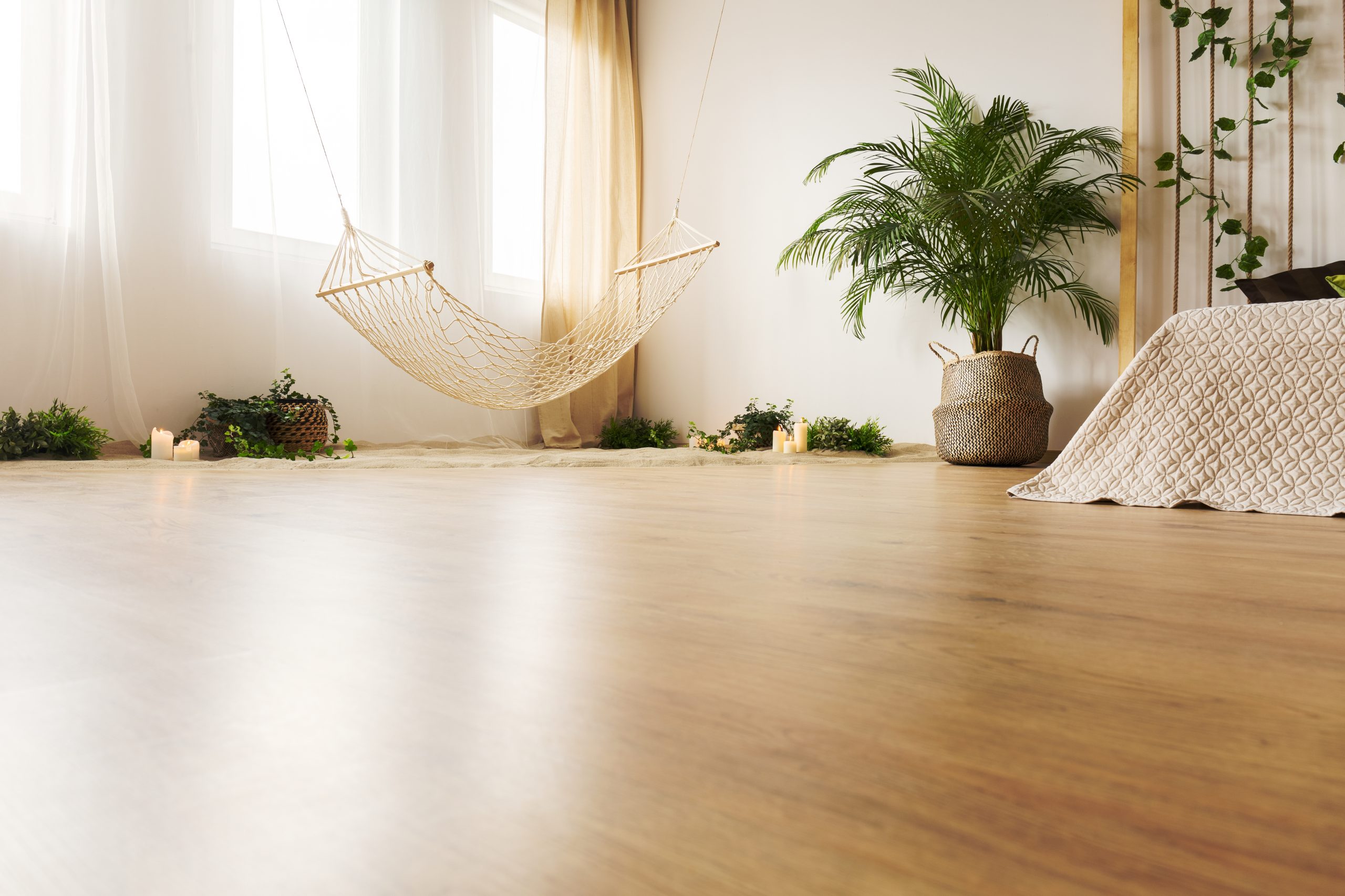 Sunlit room with smooth matte-finished light hardwood flooring