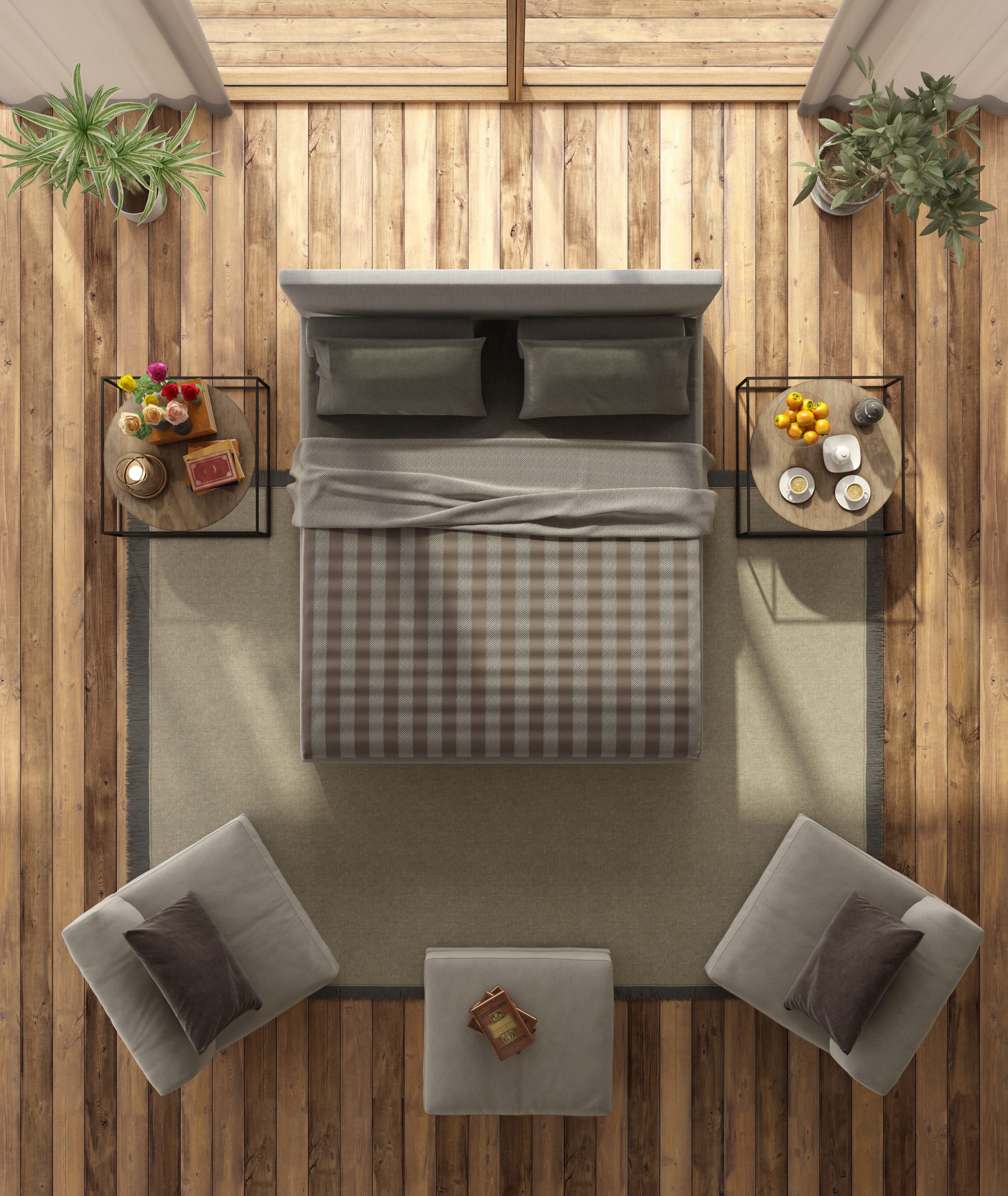 Overhead view of a bedroom with wide-plank hardwood flooring